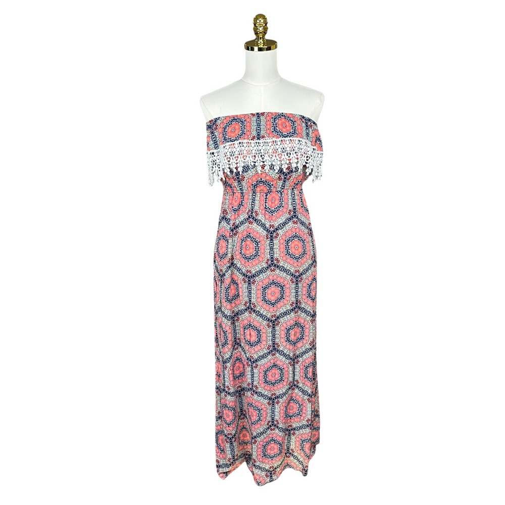Trixxi Strapless Maxi Dress‎ Geometric Medallion Crochet Lace Smocked Waist